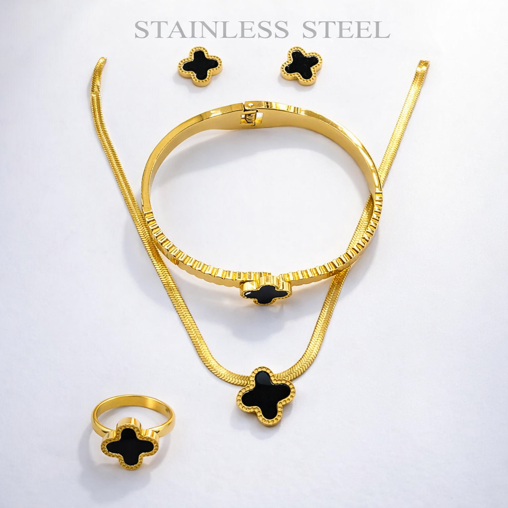 Gold Stainless Steel Black Clover Jewelry Set