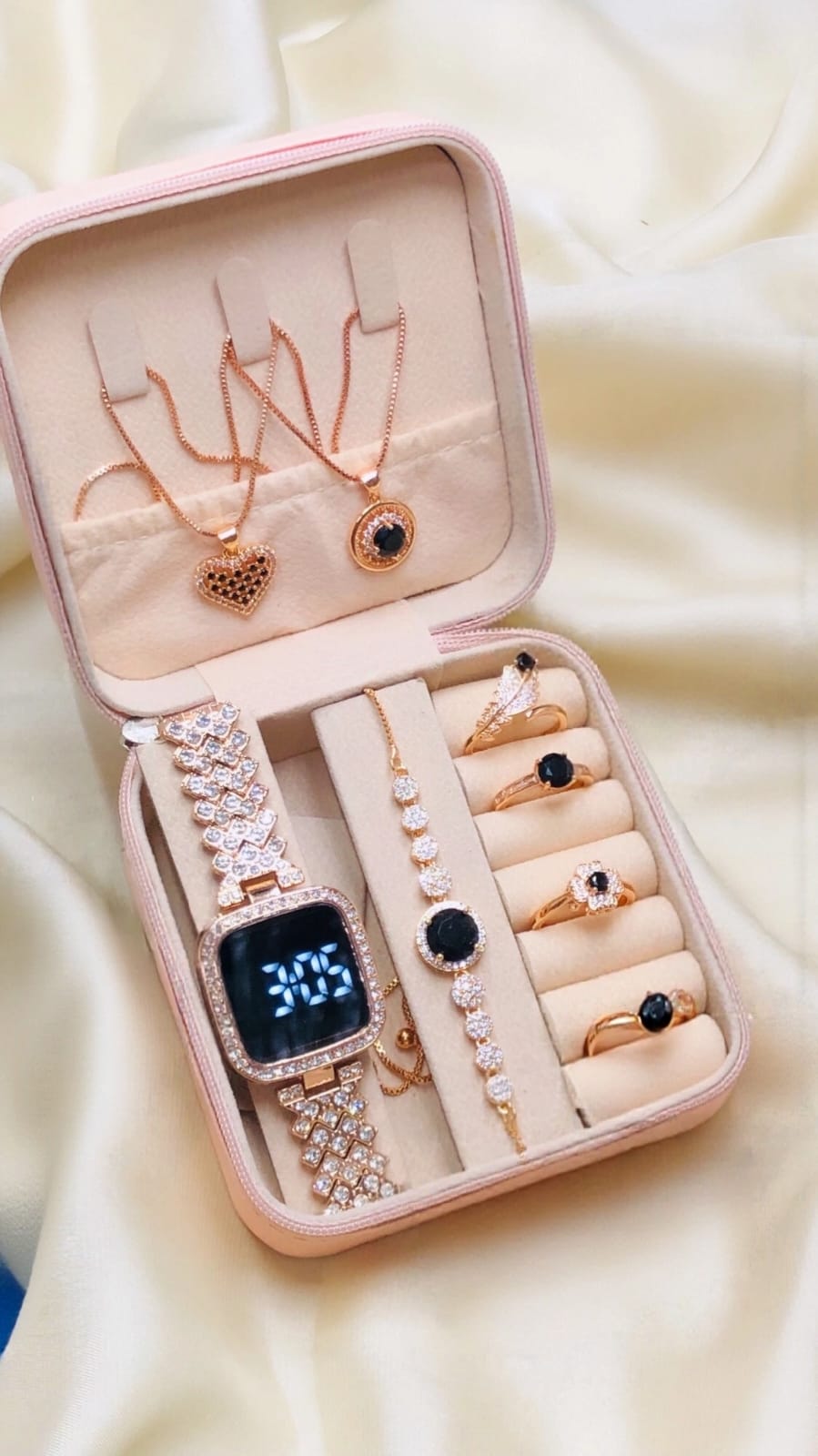 Midnight Black Crystal Touch-Watch Jewelry Gift Box – Premium Set(Golden)