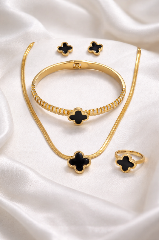 Gold Stainless Steel Black Clover Jewelry Set