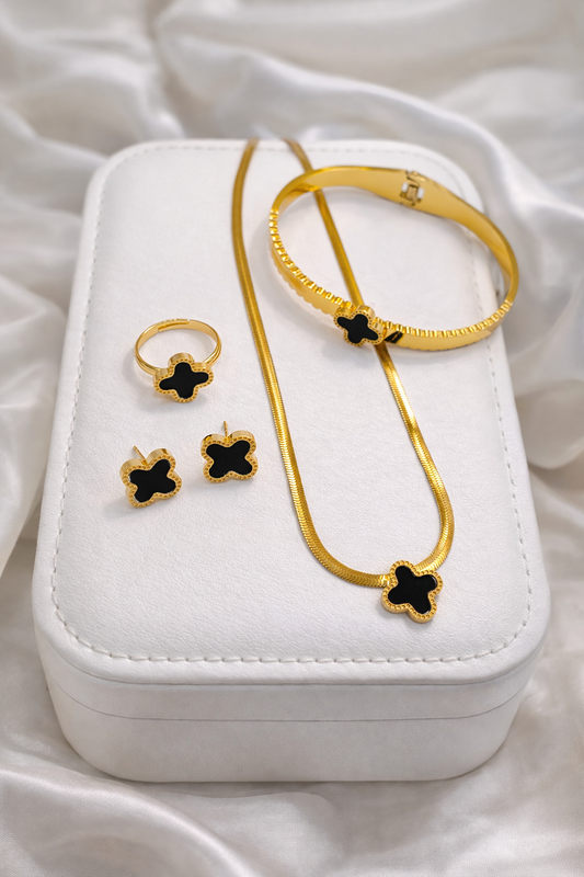 Gold Stainless Steel Black Clover Jewelry Set
