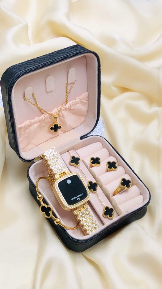 Black Clover Luxury Gold Jewelry & Watch Gift Bundle(Golden)