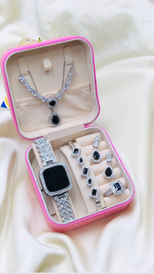 Black Stone Mixed Shapes Luxury Watch & Jewelry Gift Box(Silver)